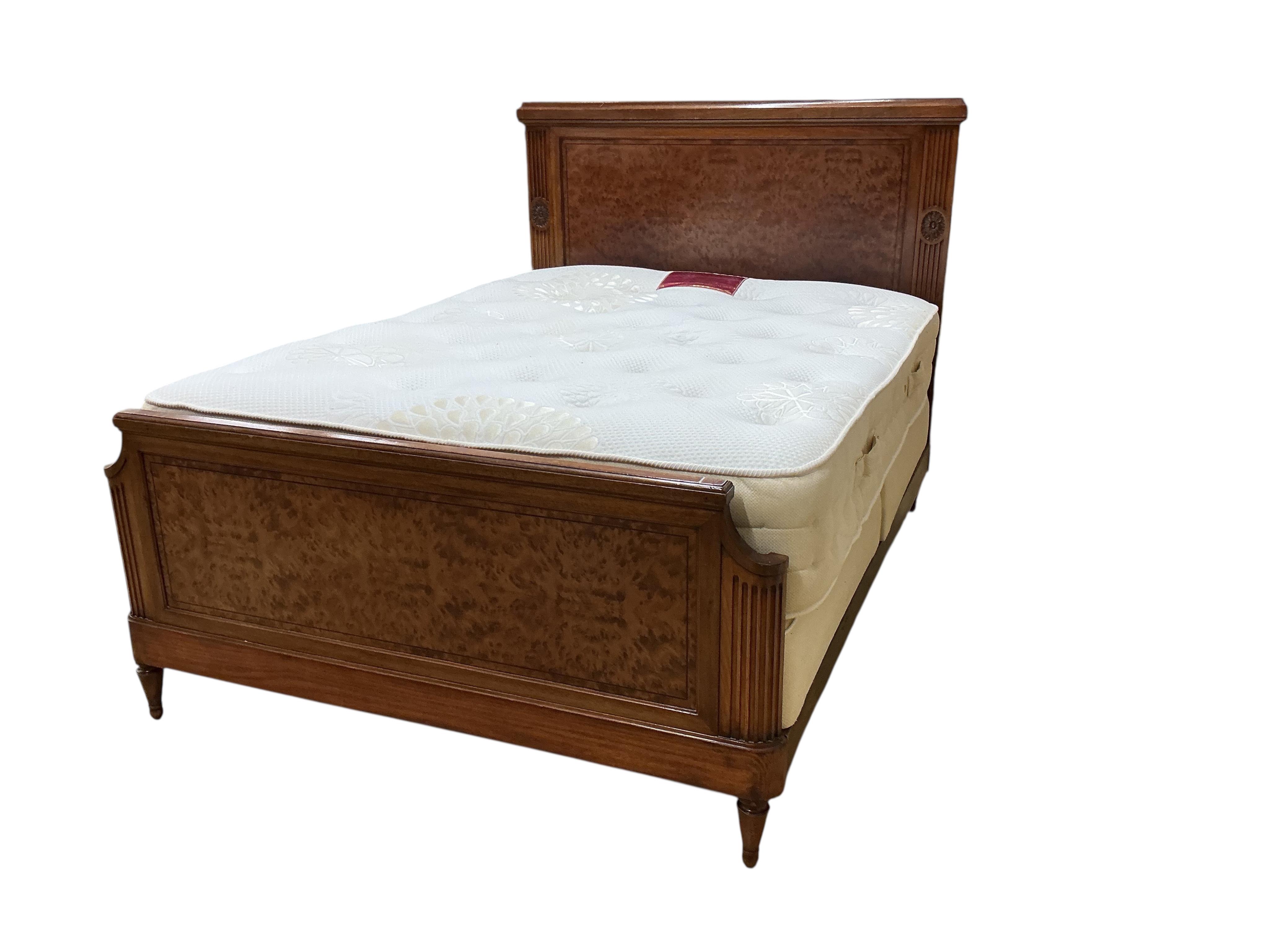 A French walnut and bird's eye maple double bed frame, with Majestic mattress, width 150cm, length 212cm, height 141cm
